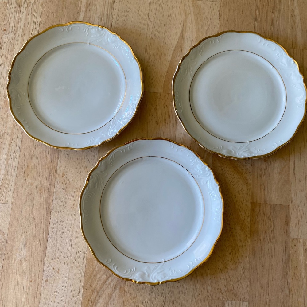 Vintage Walbrzych Glory gold rimmed China 7.5” bread plates. Set of 3.